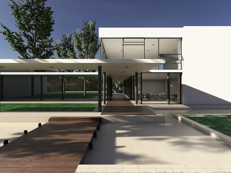 Modern home addition with clean massing and walkway